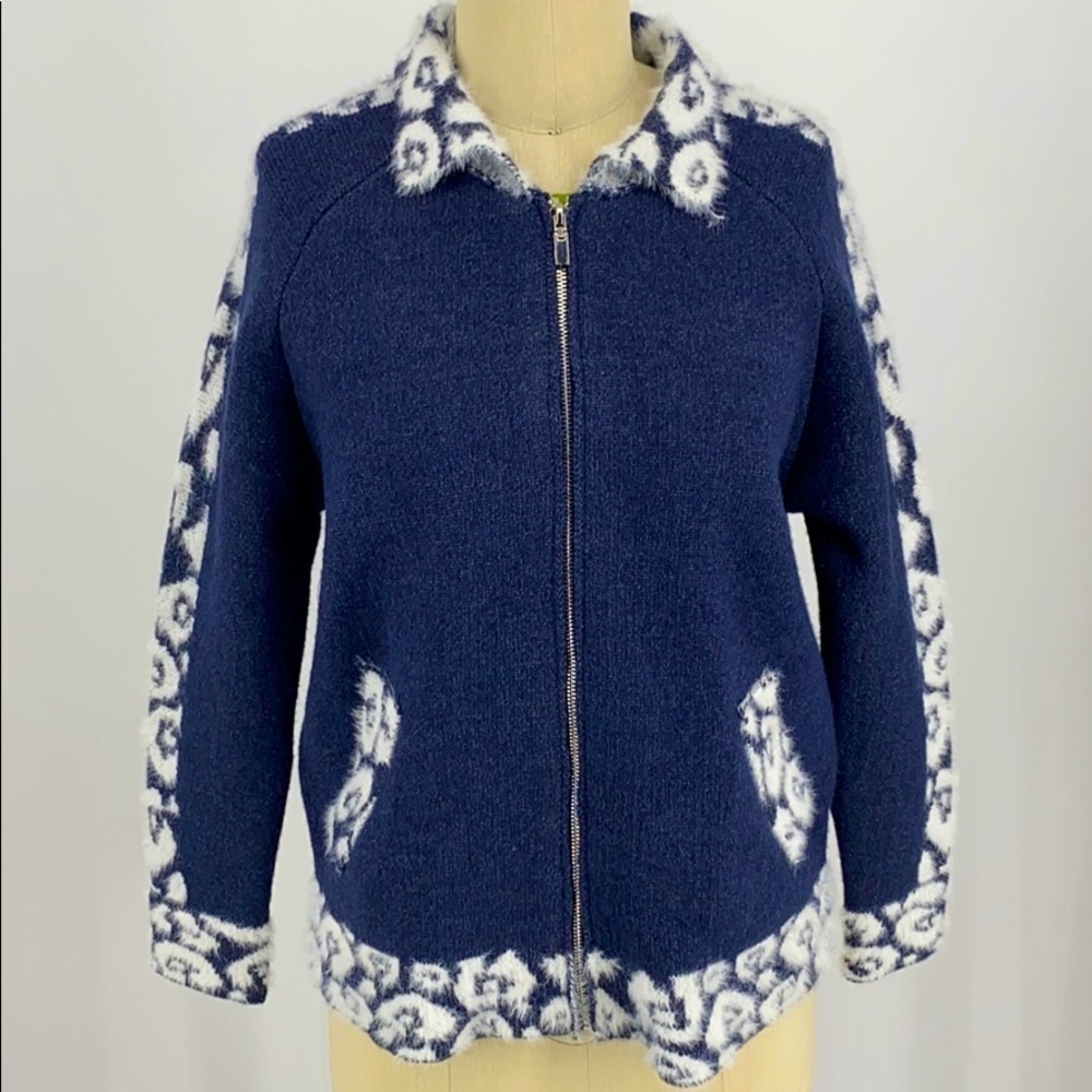 NWT’S Simple Couture Blue Leopard-Contrast Zip Jacket New